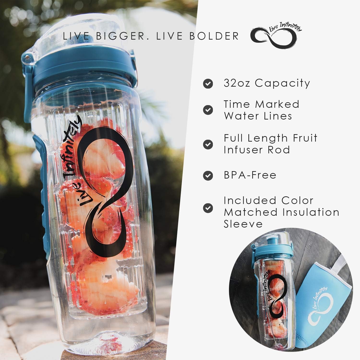 Infuser Water Bottle with Sleeve & Tracker